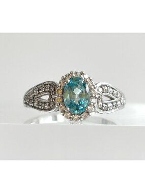 Blue Topaz Halo Style Multi Gemstone Sterling Silver 925 Vintage Ring - sz 8